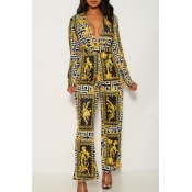 Lovely Trendy V Neck Print Yellow One-piece Jumpsu