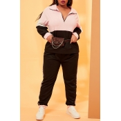 Lovely Casual Patchwork Pink Plus Size Two-piece P