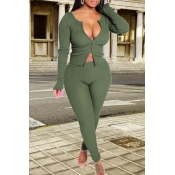 Lovely Casual Zipper Design Green Two-piece Pants 