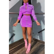 Lovely Casual Letter Zipper Design Purple Two-piec
