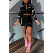 Lovely Casual Letter Zipper Design Black Two-piece