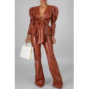 Lovely Trendy V Neck Flounce Brown Two-piece Pants