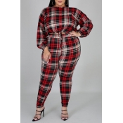Lovely Trendy Plaid Print Red Plus Size Two-piece 