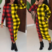 Lovely Casual Plaid Yellow Mid Calf Dress