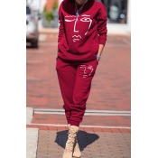 Lovely Trendy Print Wine Red Two-piece Pants Set