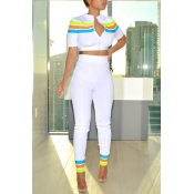 Lovely Casual Patchwork White Two-piece Pants Set