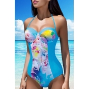 Lovely Bohemian Floral Acid Blue One-piece Swimsui