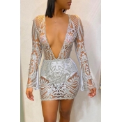 Lovely Party Deep V Neck Silver Mini Dress