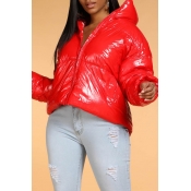 Lovely Chic Zipper Design Red Winter Coat