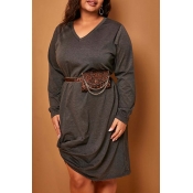 Lovely Casual V Neck Loose Knee Length Plus Size D