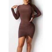 Lovely Trendy O Neck Drawstring Brown Mini Dress