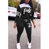 Lovely Casual Hooded Collar Letter Black Two-piece