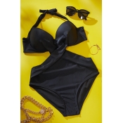 Lovely Cross-over Design Black One-piece Swimsuit