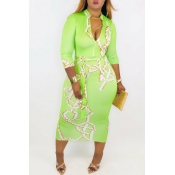 Lovely Trendy V Neck Print Green Mid Calf Dress