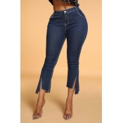 Lovely Casual Slit Deep Blue Jeans