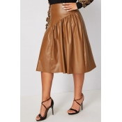 Lovely Casual Ruffle Design Brown Plus Size Skirt