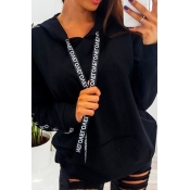 Lovely Casual Hooded Collar Letter Printed Black H