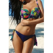 Lovely Lace-up Print Blue Two-piece Swimsuit