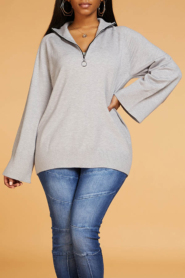Lovely Leisure Turndown Collar Zipper Grey Sweater