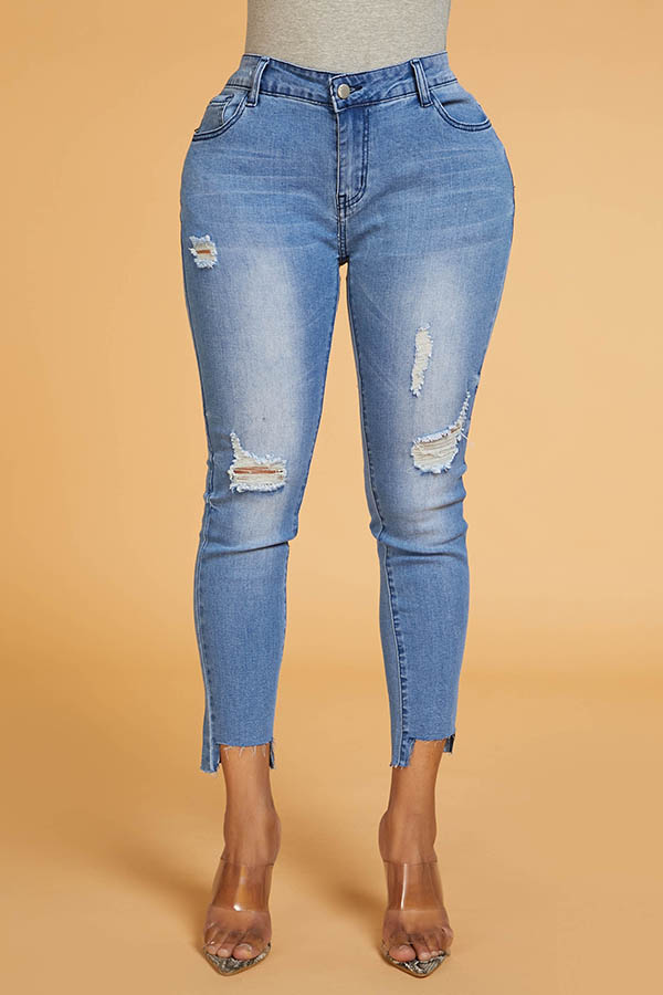Lovely Trendy Mid Waist Broken Hole Blue Jeans