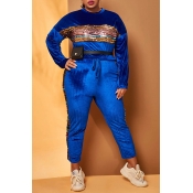 Lovely Casual Patchwork Blue Plus Size Two-piece P
