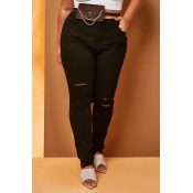 Lovely Trendy Broken Holes Black  Plus Size  Jeans
