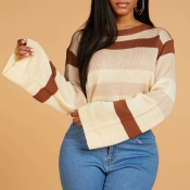 Lovely Casual O Neck Striped Light Tan Sweater