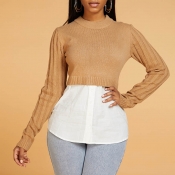 Lovely Casual O Neck Patchwork Khaki Sweater