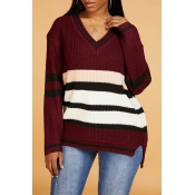 Lovely Casual V Neck Striped Print Wine Red Sweate