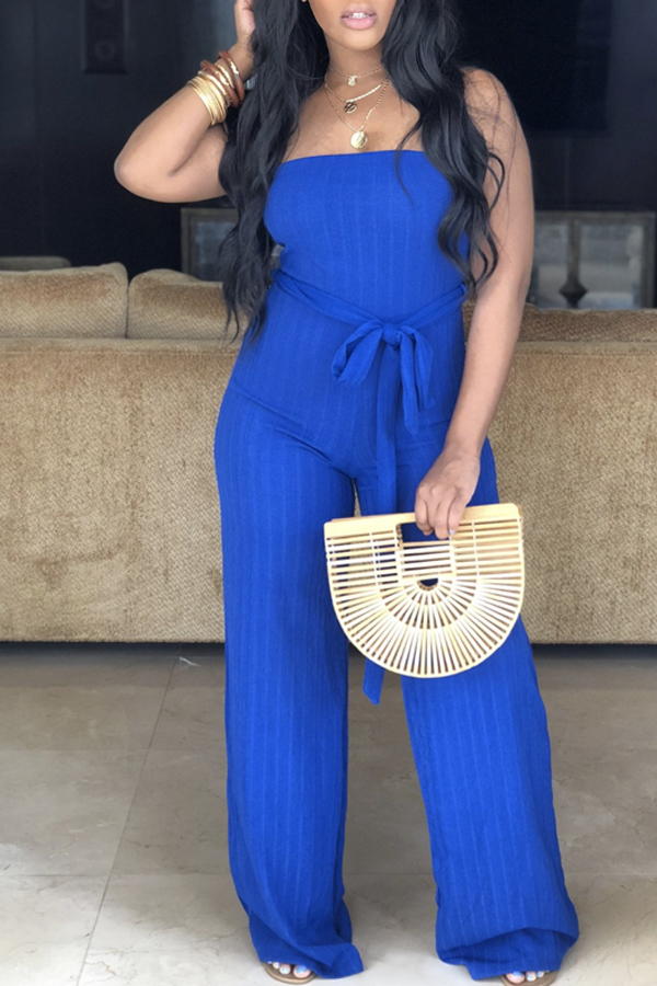 Lovely Casual Dew Shoulder Blue One-piece Jumpsuit