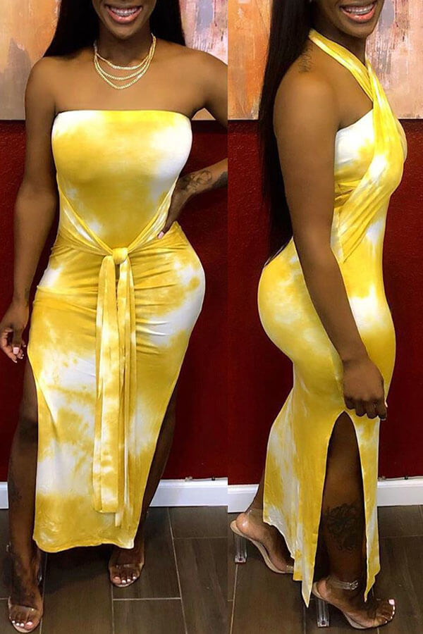 Lovely Chic Print Yellow Mid Calf Dress
