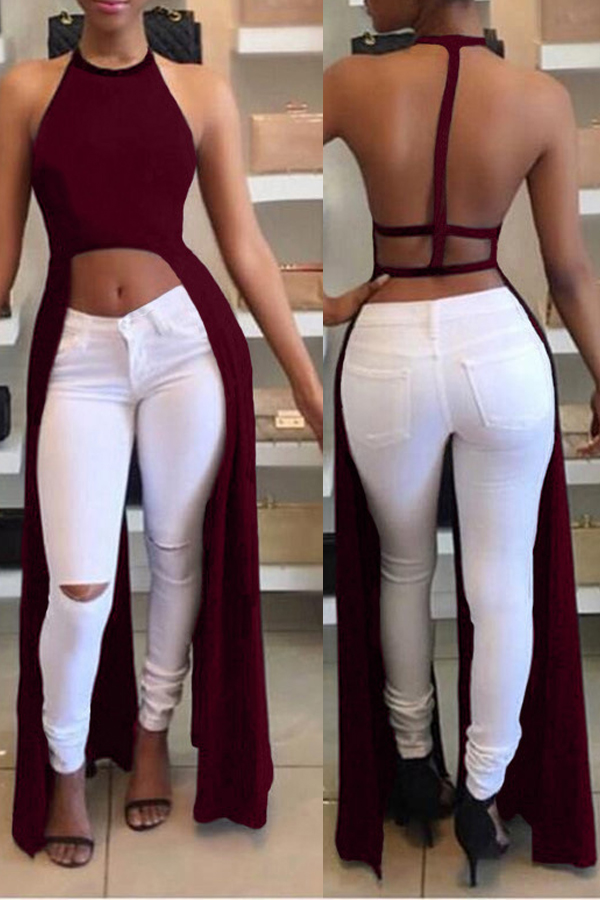 Lovely Sexy Asymmetrical Backless Wine Red Blouse