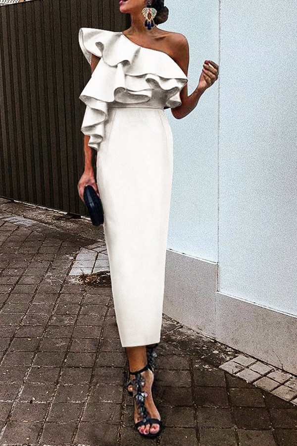 Lovely Casual Flounce White Mid Calf Plus Size Dress