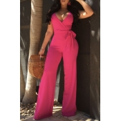 Lovely Casual V Neck Rose Red One-piece Jumpsuit