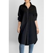 Lovely Casual Long Button Design Black Blouse