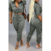 Lovely Chic Crop Top Button Army Green Two-piece P