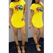 Lovely Chic Eye Print Yellow Mini Dress