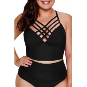 LW Plus Size Chi Hollow-out Black Two-piece Swimsu