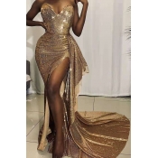Lovely Trendy Side High Slit Gold Trailing Dress