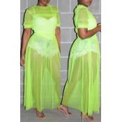 Lovely Trendy O Neck Ruffle Design Green Blouse