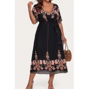 Lovely Bohemian Print Dark Blue Mid Calf Plus Size