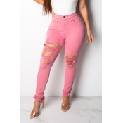 Lovely Trendy Broken Holes Pink Jeans
