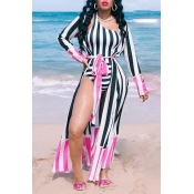 Lovely Striped Print Pink One-piece Swimsuit (With