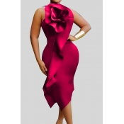 Lovely Chic Flounce Red Mid Calf Plus Size Dress