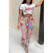 LW Casual Floral Print Red Two-piece Pants Set