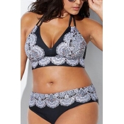 Lovely Print Black Plus Size Two-piece Swimsuit