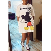 Lovely Casual O Neck Print White Mini Dress