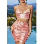 Lovely Chic Fold Design Pink Two-piece Skirt Set