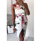 Lovely Chic Floral Print White Knee Length Dress
