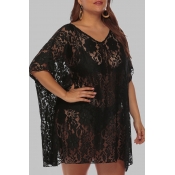Lovely Plus Size Chic See-through Black  Beach Blo